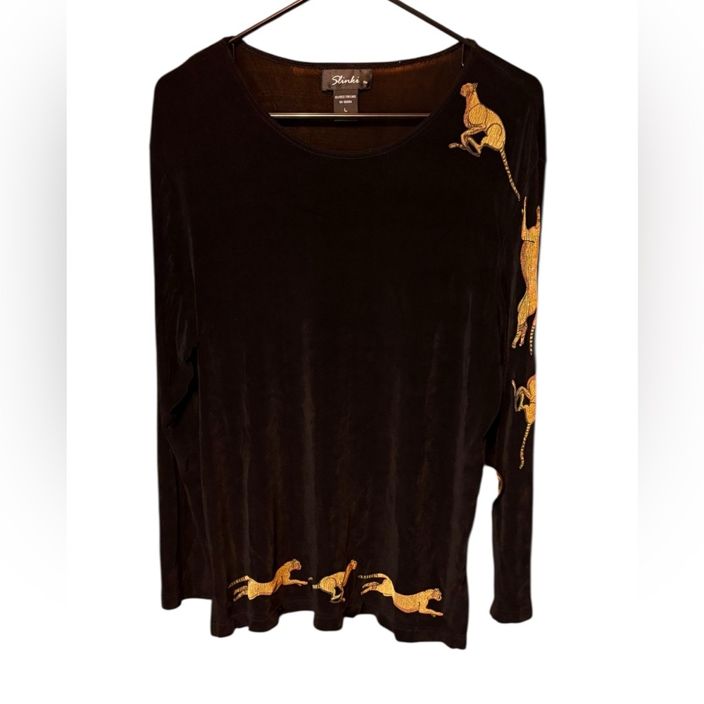Slinky Brand Black Gold Cheetah Applique Top Large Travel Cruise Resort Wear